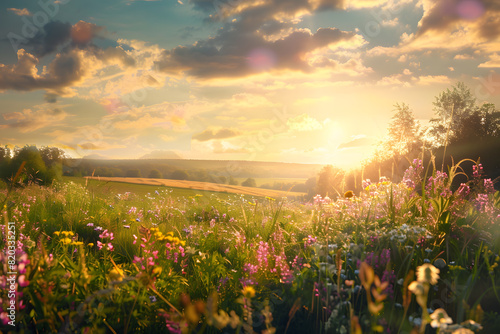 Enchanting sunset over wildflower meadow