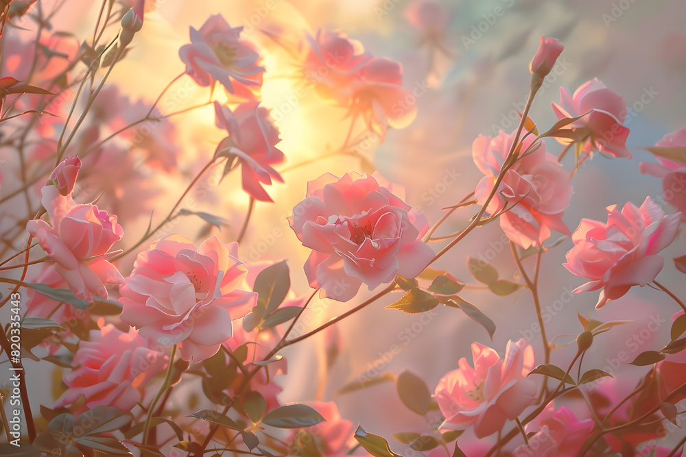 Dreamy capture of radiant roses basking in the golden sunset light