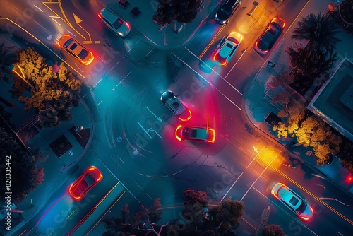 Connected vehicles top view highlighting vehicletovehicle communication advanced tone Splitcomplementary color scheme