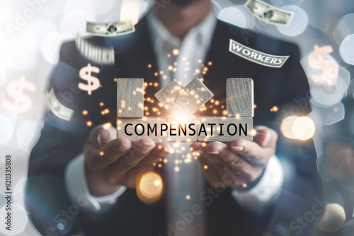 A businessman holds wooden blocks with the words "Workers' Compensation," Workers Financial Compensation Insurance Business Industry Concept. Industry concept