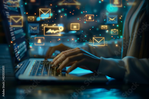Email concept. Close up of business woman typing on computer keyboard with email icons on virtual screen
