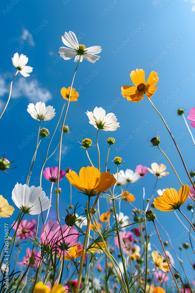 Colorful wildflowers against blue sky
