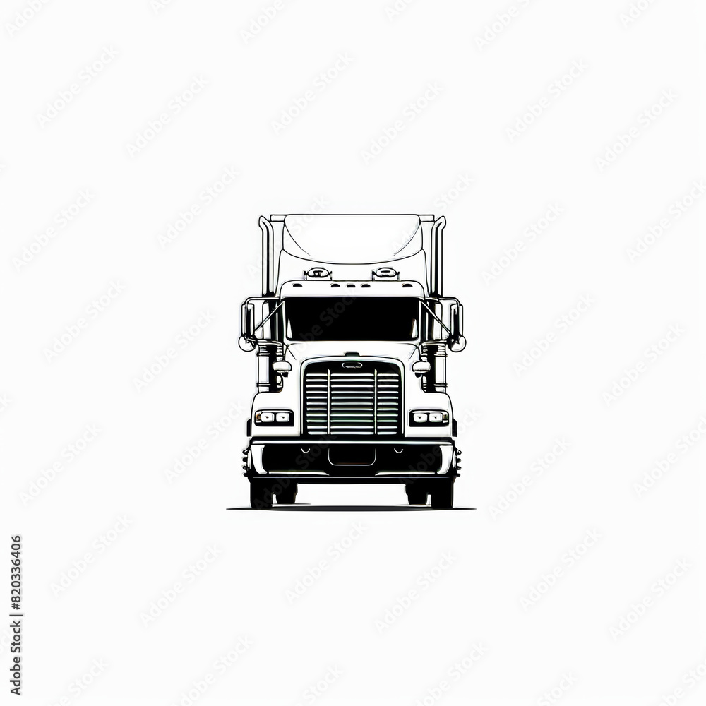 Minimalist illustration of a semi-truck in black and white with a sun icon.