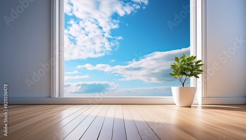 Minimalist-style room with wooden window frame casting soft daylight onto the floor  showcasing a backdrop of blue sky and clouds