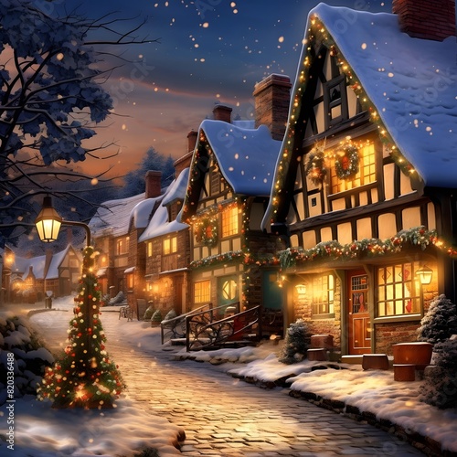 Winter night in the village, Christmas and New Year's holidays.