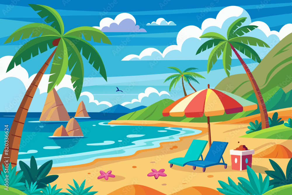beautiful illustration of beach scenery, summer beach