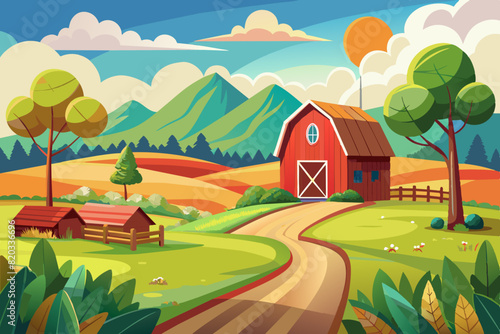 beautiful landscape illustration of rural life  barn house  field  tree  and mountains