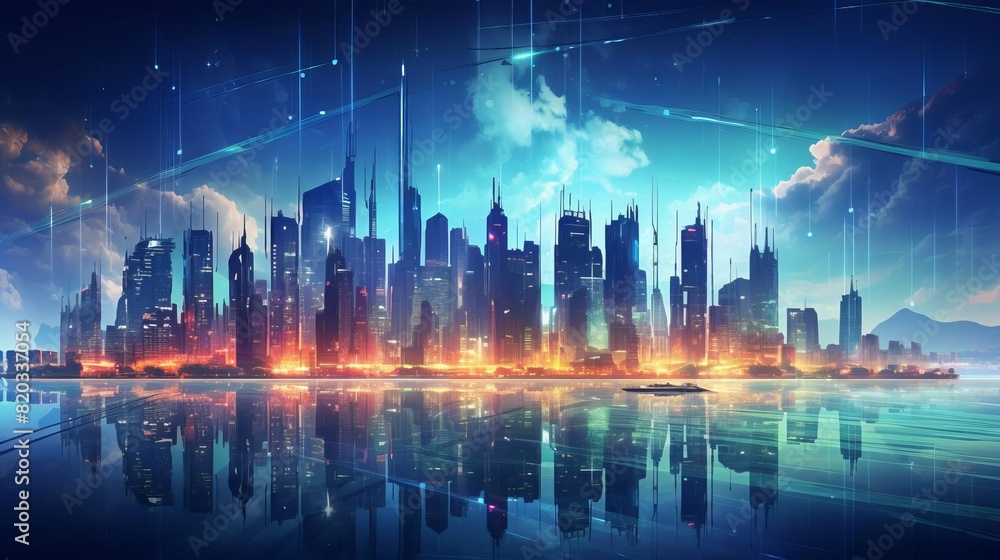 Digital cityscape with futuristic overlay