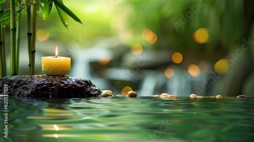 A serene spa setting with candle   water flowing with green bamboo background   