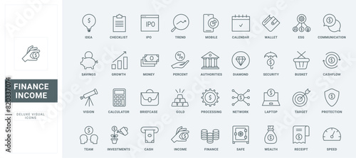 Business communication and bills, profit graph growth and interest, piggy bank for budget thin black and red symbols vector illustration. Money income, investment and wealth growth line icons set