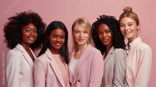 Happy businesswomen of different races & ethnicities. Multiracial female colleagues pink background. Sisterhood & strong ambitious women. International Women's Day. DEI Diversity Equality Inclusion