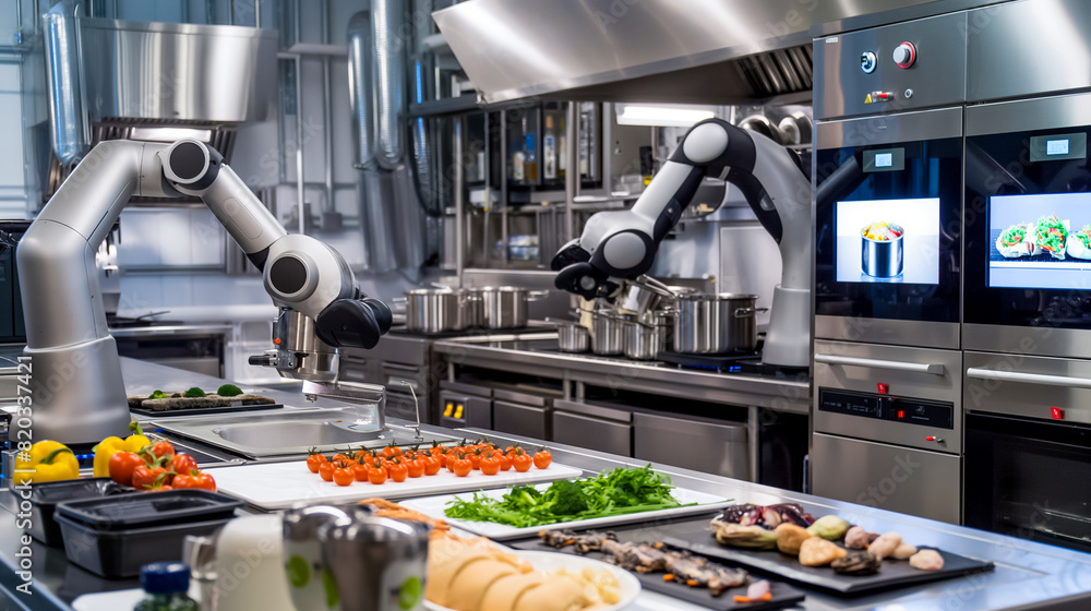 Cutting-Edge Robotic Arms in a High-Tech Culinary Environment Revolutionizing Food Preparation with Advanced Automation and AI