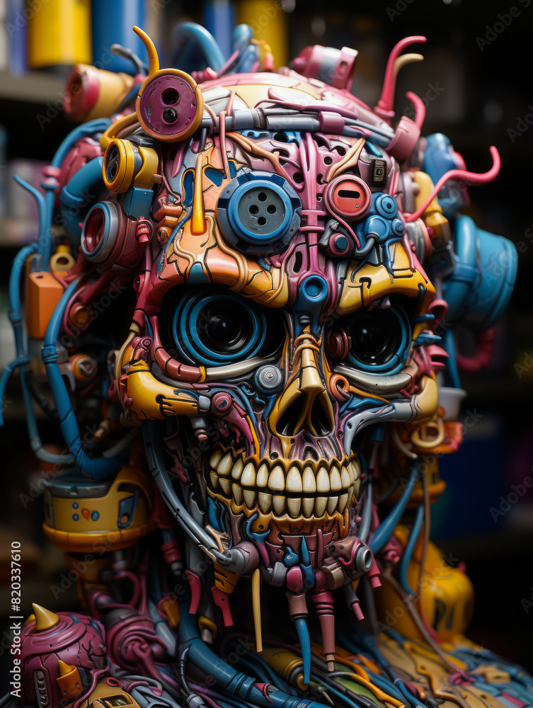 Fototapeta premium A striking piece of art featuring a vibrant skull crafted from an assortment of buttons and wires, epitomizing creativity and innovation