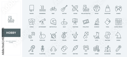 Symbols of weekend activity and lifestyle, music and yoga, entertainment and travel, painting and writing thin black and red outline vector illustration. Hobby, sport and fun leisure line icons set