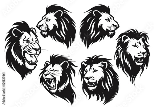 a set of black and white lion heads with long manes, featuring a mix of black and white faces and manes photo