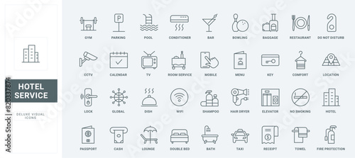 Comfort room and bed of resort and hostel, reception information and key, taxi and swimming pool thin black and red outline symbols, vector illustration. Hotel service, hospitality line icons set