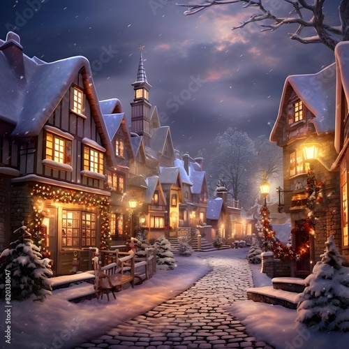 Winter village at night with christmas decorations. 3d illustration.