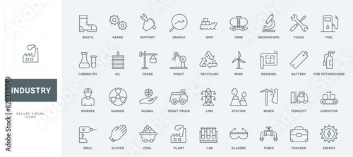 Outline symbols of worker safety equipment and tools from maintenance toolbox, truck, tank and ship delivery. Industry, labor inspection thin black and red line icons set vector illustration