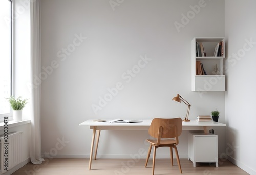 Minimal Scandinavian contemporary empty wooden table with sunlight. Simplistic Home office  Cafe  office and library