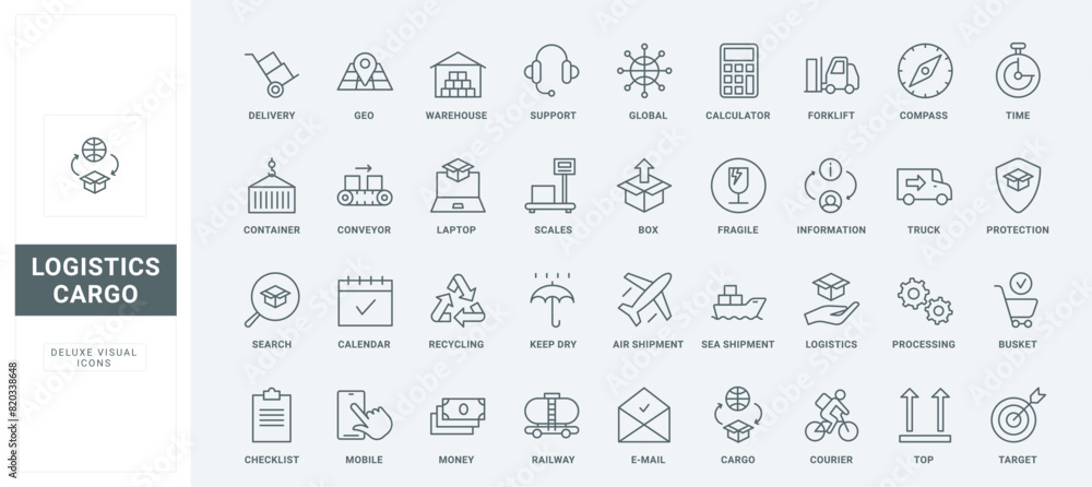 © Iconic Prototype - Outline warehouse insurance, support and search service, truck and forklift, sea and air shipment of containers. Delivery and worldwide logistics thin black and red line icons set vector illustration