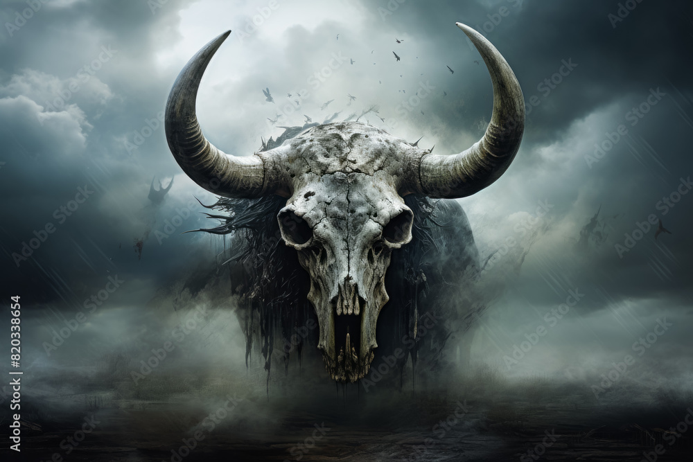 Naklejka premium A bulls skull with horns is displayed prominently against a dramatic cloudy sky, symbolizing strength, resilience, and possibly extinction