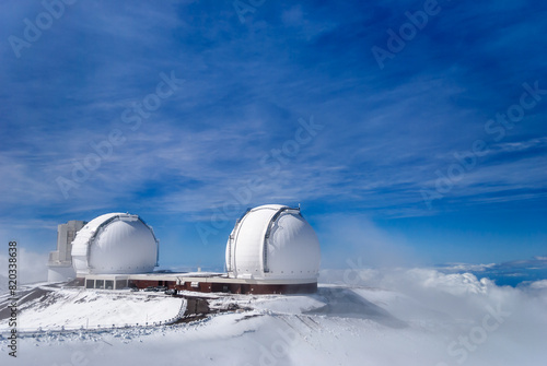 Keck Observatory after a snowfall on Mauna Kea, Hawaii.