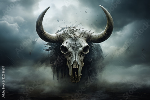 A bulls skull with horns is displayed prominently against a dramatic cloudy sky, symbolizing strength, resilience, and possibly extinction © MikeDrone
