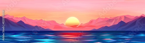 a stunning sunset over a vast expanse of blue water, with a majestic mountain in the distance and a vibrant red and pink sky above