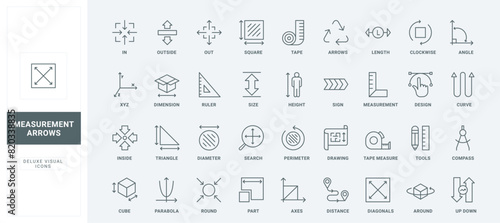Size arrows to measure room area and distance, length and width, height or diameter, measuring instruments and tools thin black and red symbols vector illustration. Measurement line icons set