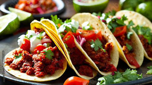 Fresh and tasty Mexican tacos de adobada to eat 16:9 with copyspace