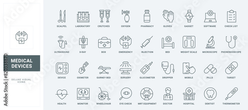 Wheelchair and bed for patient, first aid kit and diagnostic laboratory software, microscope thin black and red symbols vector illustration. Medical devices and hospital equipment line icons set