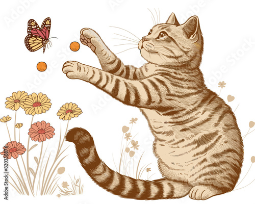 Illustrated cat playing with a butterfly in a garden of blooming flowers, capturing a whimsical and playful moment in nature with a vintage aesthetic