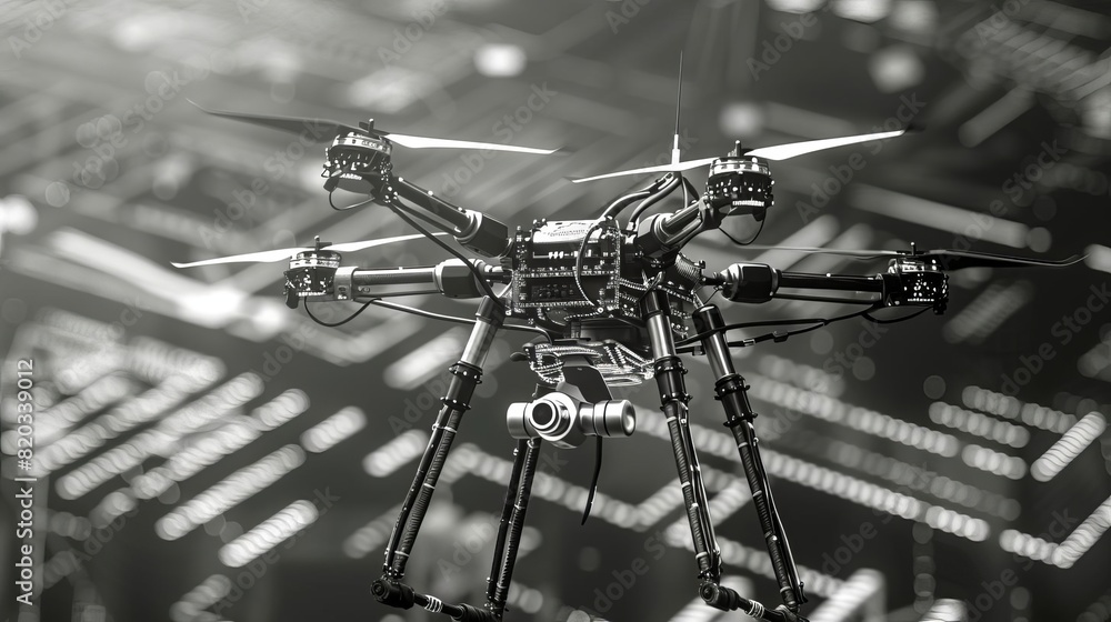 Educational drones side view depicting STEM learning applications digital tone black and white