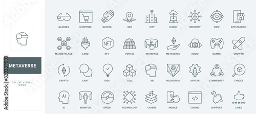 Futuristic simulation on interactive hologram, crypto security and AR glasses thin black and red symbols vector illustration. Metaverse, future world experience in virtual reality line icons set