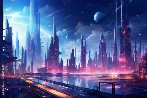 Futuristic cityscape with blue and pink hues