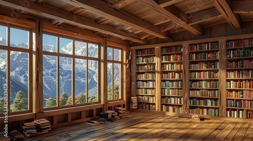 a cozy reading nook with a large window overlooking a majestic mountain, featuring a brown wooden floor and a black chair for comfortable seating
