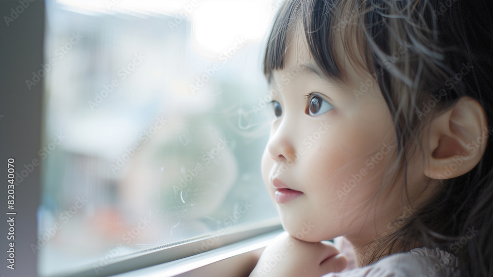 窓から雨が降る外を見る子供達 窓から雨が降る外を見る子供達