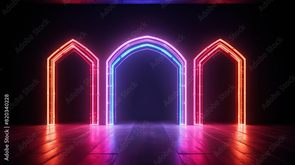 Glowing neon archway in a dark space