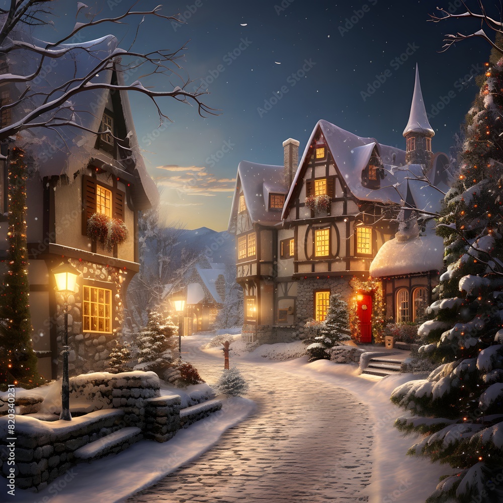 Winter night in the village. Christmas and New Year holidays concept.