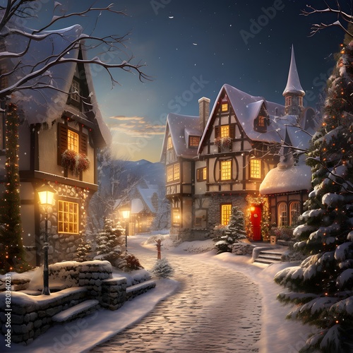 Winter night in the village. Christmas and New Year holidays concept.