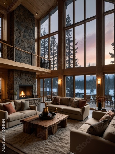 A double-height ceiling living room with a large  floor-to-ceiling window on one side log cabin.