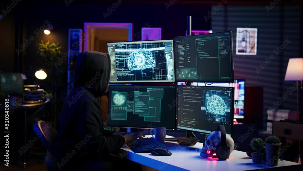 Hacker running artificial intelligence spyware software designed to gather information from users computers without their knowledge. Scammer commits fraud using AI, camera B Hacker running artificial intelligence spyware software designed to gather information from users computers without their knowledge. Scammer commits fraud using AI, camera B
