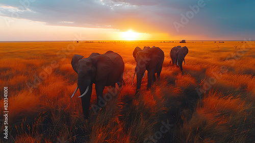 Elephant Herd in Savanna at Sunset © Flop