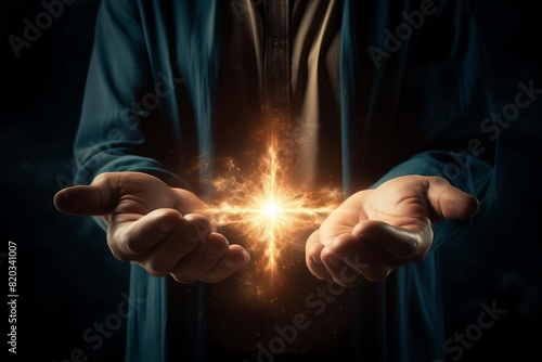 Hands opened towards a glowing cross, symbolizing faith and healing photo
