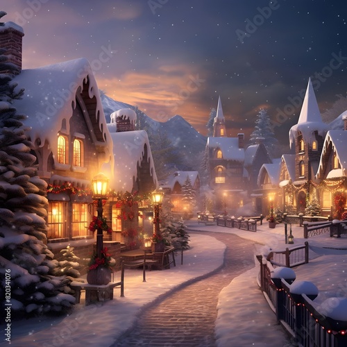 Snowy winter night in a small village. 3D illustration.