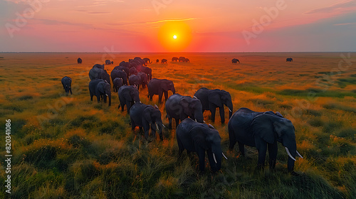 Wild Elephants in their Natural Habitat at Savanna Sunset