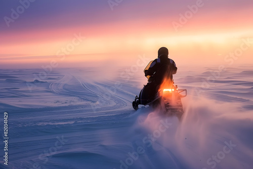 Lone rider on a snowmobile races across a snowy landscape against a stunning sunset © ALEXSTUDIO