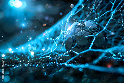 Soccer ball in goal net with bokeh lights