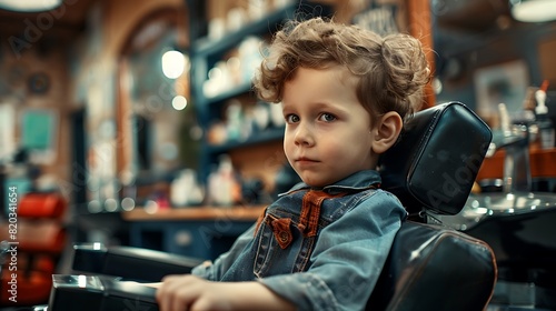 Hairdresser barbershop parihopher strechot small boy sitting on a chair  