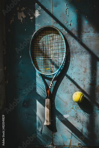 Vintage tennis racquet with ball on rustic backdrop